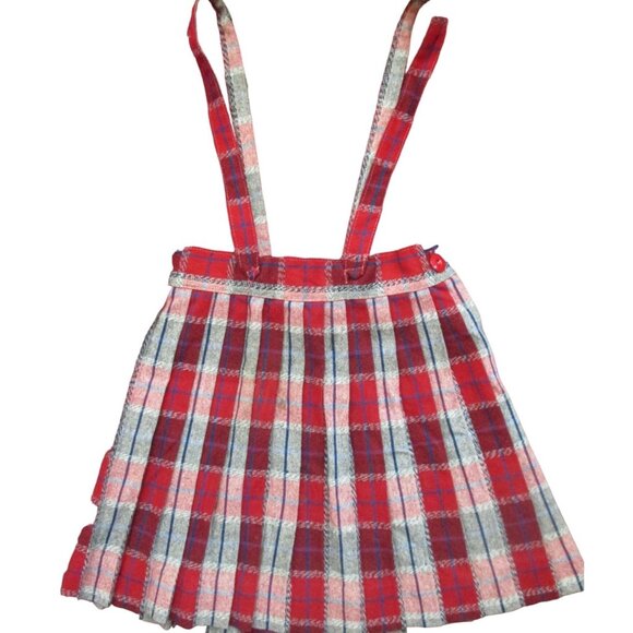 6/7 22" Waist Vintage Girl's Suspender Shorts Red Wool Plaid Pleated 1950's MCM - Picture 1 of 9
